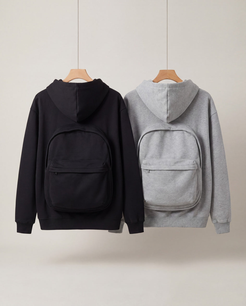 PackHoodie in Gray and Black, back view with built-in backpack pouch